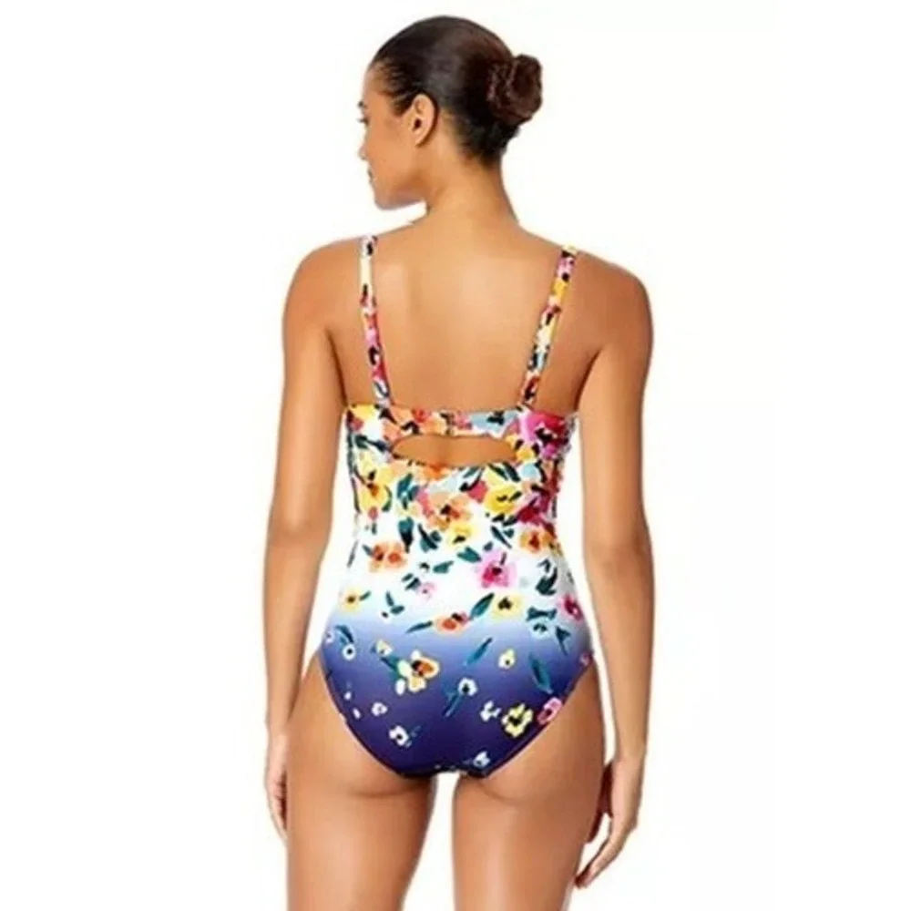 Anne Cole Womens Floral Ombre Twist Front Ruched One Piece Swimsuit Sz 10 $118